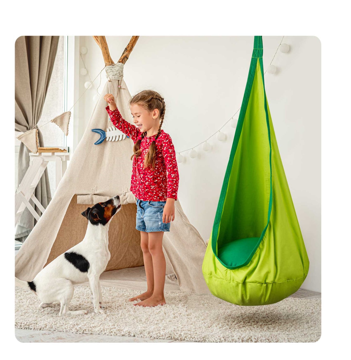 Hamac copii The Raven's Nest tip cocon idealSTORE Dimensiune 140 x 55 cm, Material solid, Include perna, Suport de suspendare, Carlig suplimentar, Ideal pentru camera, gradina sau terasa, Sarcina maxima 80 kg