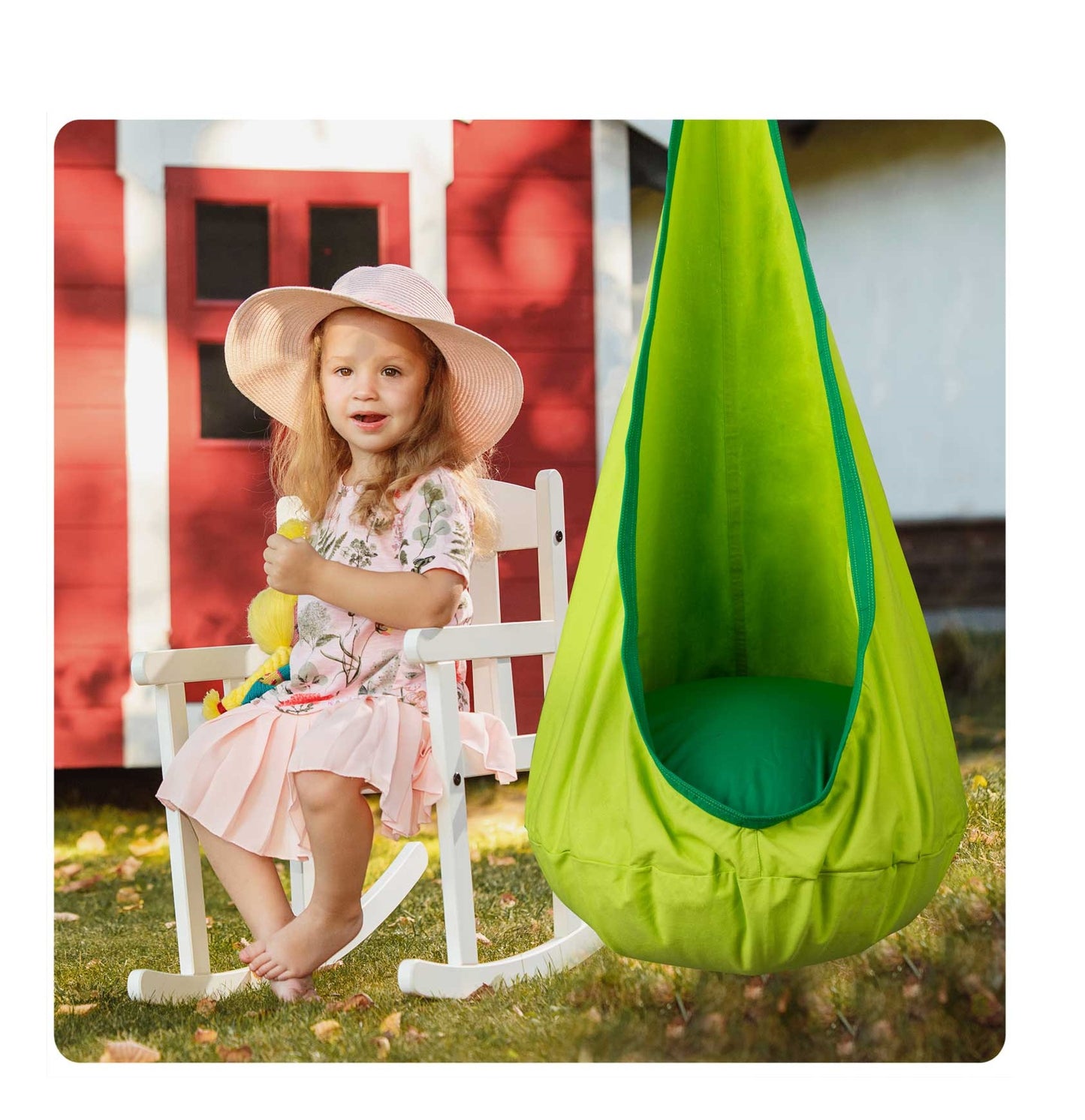 Hamac copii The Raven's Nest tip cocon idealSTORE Dimensiune 140 x 55 cm, Material solid, Include perna, Suport de suspendare, Carlig suplimentar, Ideal pentru camera, gradina sau terasa, Sarcina maxima 80 kg