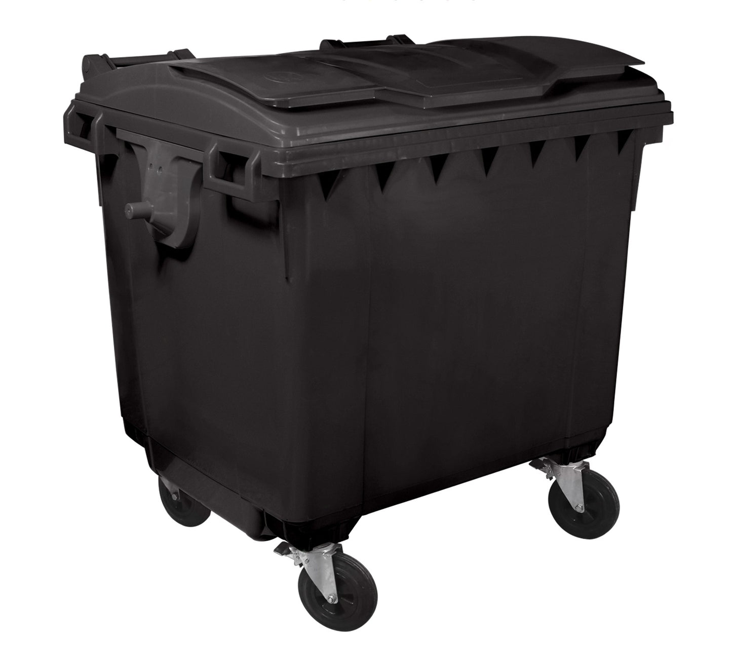 Container Profesional IdealStore, Dotat cu capac, 4 roti pivotante, Plastic de Inalta densitate, 1100 L, Conform cu Standardele EN 840 -2, -5, -6, Negru