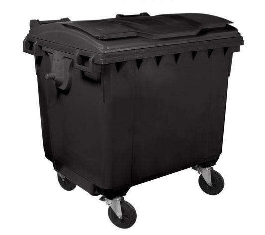 Container Profesional IdealStore, Dotat cu capac, 4 roti pivotante, Plastic de Inalta densitate, 1100 L, Conform cu Standardele EN 840 -2, -5, -6, Negru