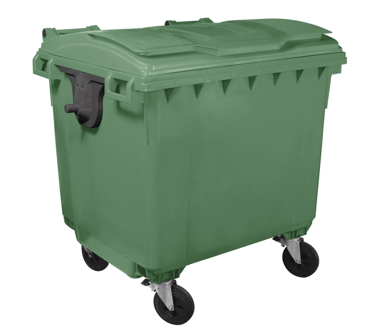 Container Profesional IdealStore, Dotat cu capac, 4 roti pivotante, Plastic de Inalta densitate 1100 L, Conform cu Standardele EN 840 -2, -5, -6, Verde