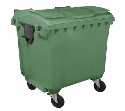 Container Profesional IdealStore, Dotat cu capac, 4 roti pivotante, Plastic de Inalta densitate 1100 L, Conform cu Standardele EN 840 -2, -5, -6, Verde