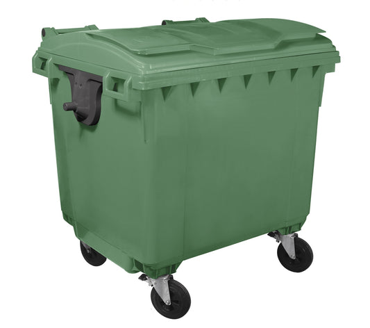 Container Profesional IdealStore, Dotat cu capac, 4 roti pivotante, Plastic de Inalta densitate 1100 L, Conform cu Standardele EN 840 -2, -5, -6, Verde