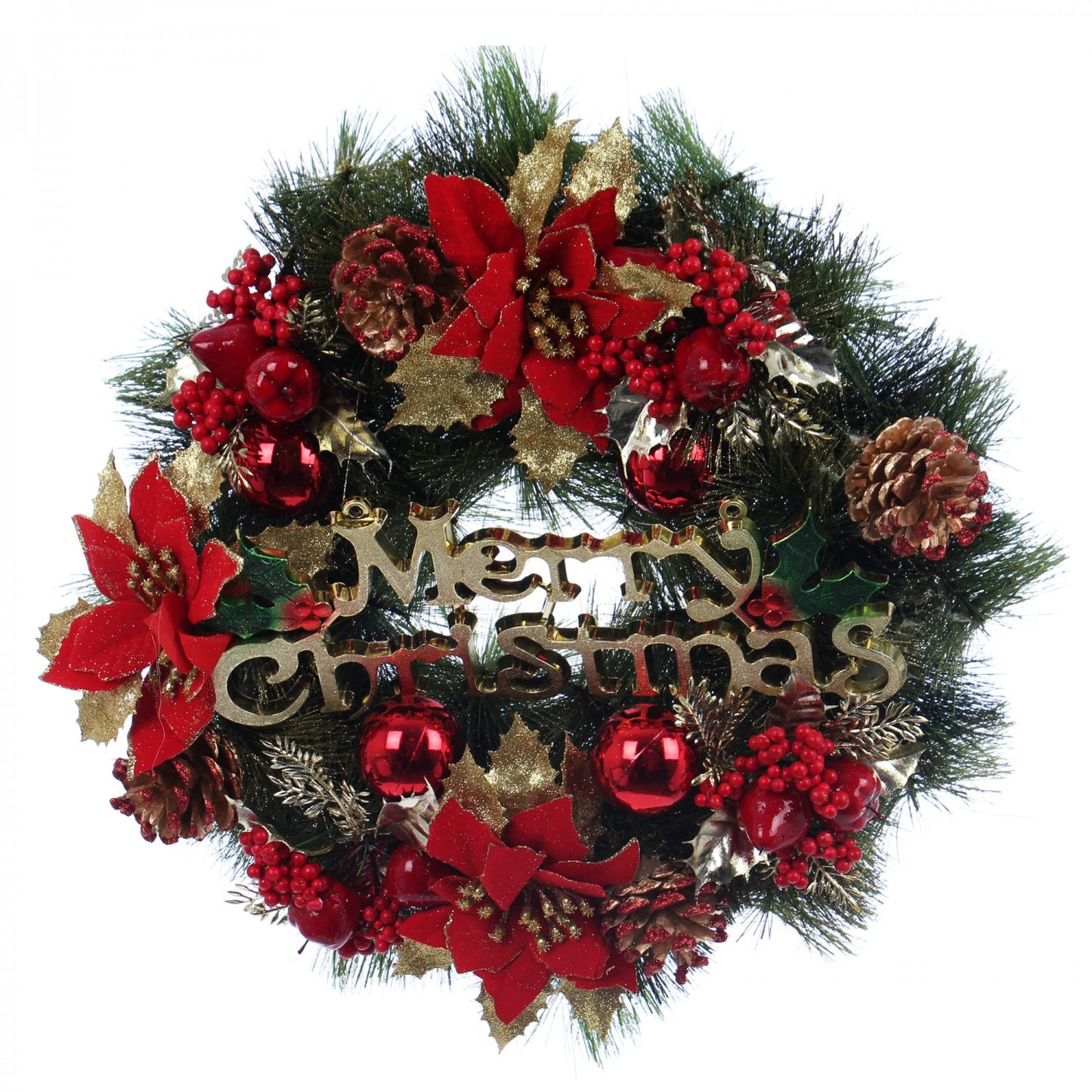 Coronita Craciun IDL Merry Christmas, 40 cm ce creeaza un decor in spiritul sarbatorilor de iarna, Alcatuita din elemente simbolice: crengute de brad, flori si globuri, in combinatia cormatica: alb, verde si rosu