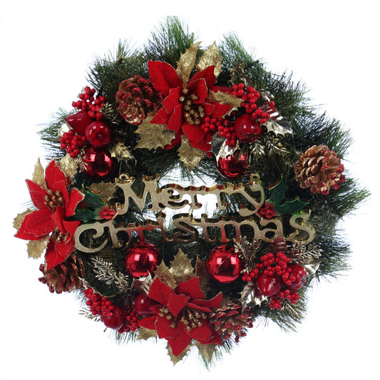 Coronita Craciun IDL Merry Christmas, 40 cm ce creeaza un decor in spiritul sarbatorilor de iarna, Alcatuita din elemente simbolice: crengute de brad, flori si globuri, in combinatia cormatica: alb, verde si rosu