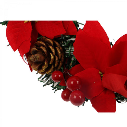 Coronita decorativa IDL Red Christmas, 30 cm ce creeaza un decor in spiritul sarbatorilor de iarna, Alcatuita din elemente simbolice: crengute de brad, flori, conuri si fundita in combinatia cromatica de verde si rosu