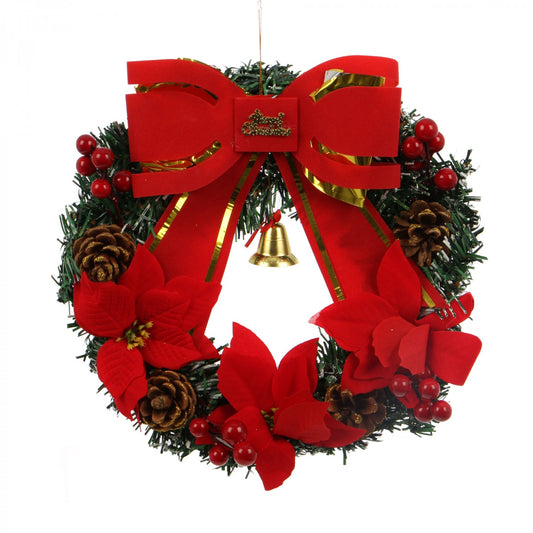 Coronita decorativa IDL Red Christmas, 30 cm ce creeaza un decor in spiritul sarbatorilor de iarna, Alcatuita din elemente simbolice: crengute de brad, flori, conuri si fundita in combinatia cromatica de verde si rosu