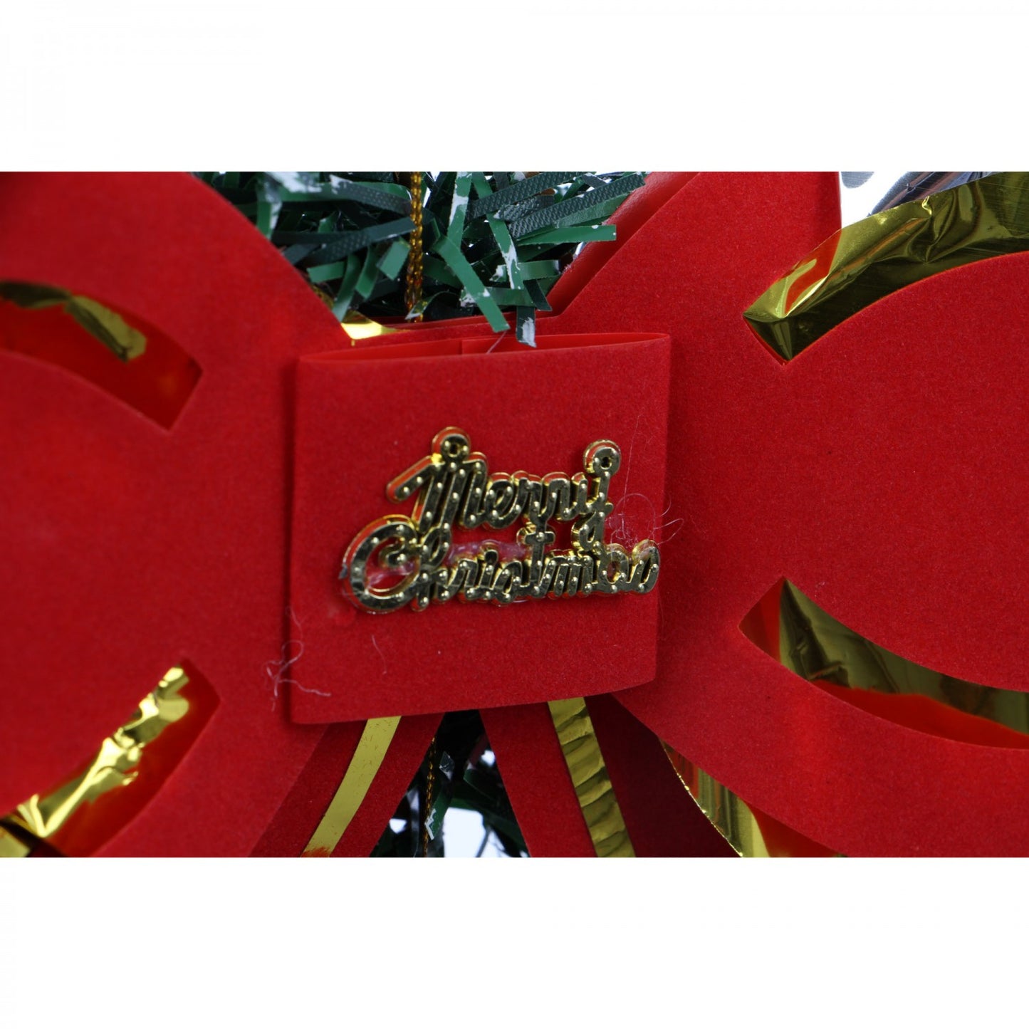 Coronita decorativa IDL Red Christmas, 30 cm ce creeaza un decor in spiritul sarbatorilor de iarna, Alcatuita din elemente simbolice: crengute de brad, flori, conuri si fundita in combinatia cromatica de verde si rosu