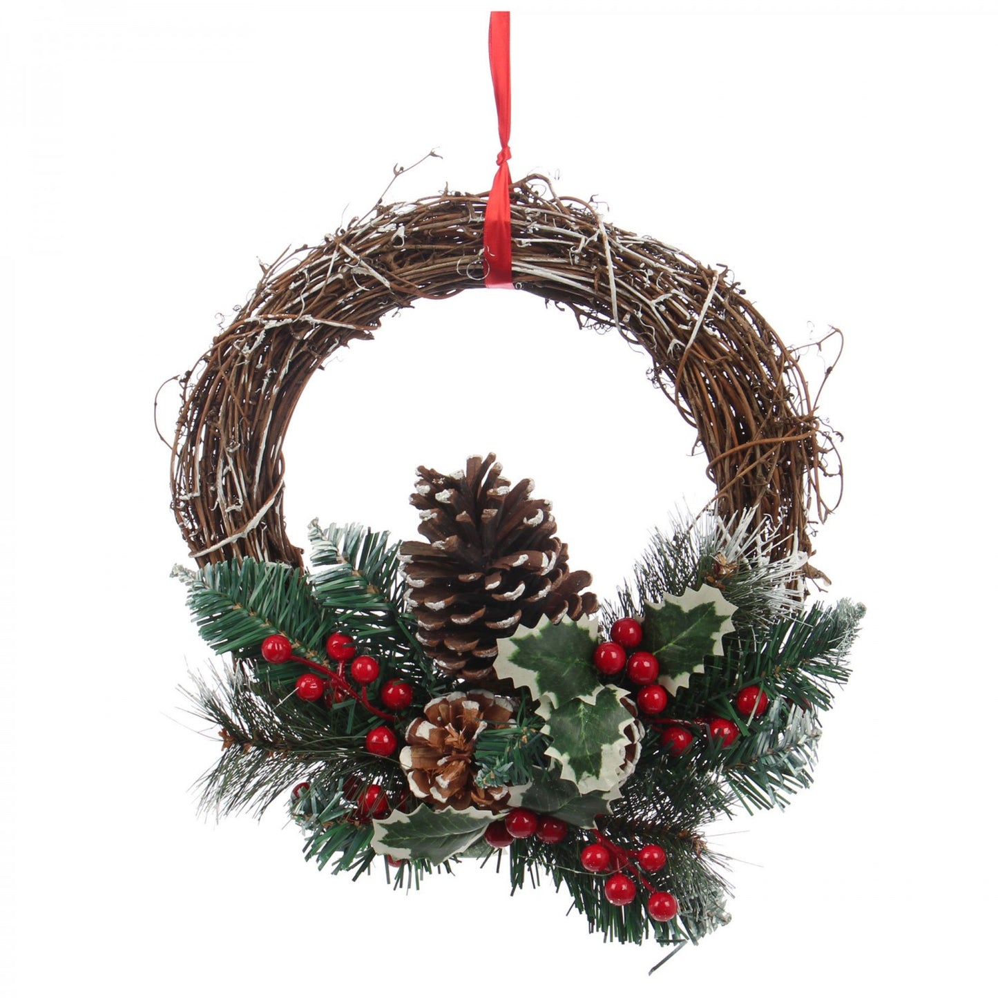 Coronita decorativa IDL Happy Season tip ghirlanda 30 cm ce creeaza un decor in spiritul sarbatorilor de iarna, Alcatuita din elemente simbolice: crengute de brad, flori si conuri, in combinatia cromatica: verde si maro