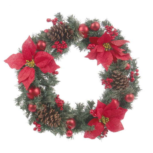 Coronita decorativa IDL Red Flower, 50 cm recomandata pentru amenajarea spatiului interior, aducand o nota distincta incaperii in preajma sarbatorilor, Alcatuita din elemente simbolice: craciunite si conuri de brad, Culoare rosu-verde