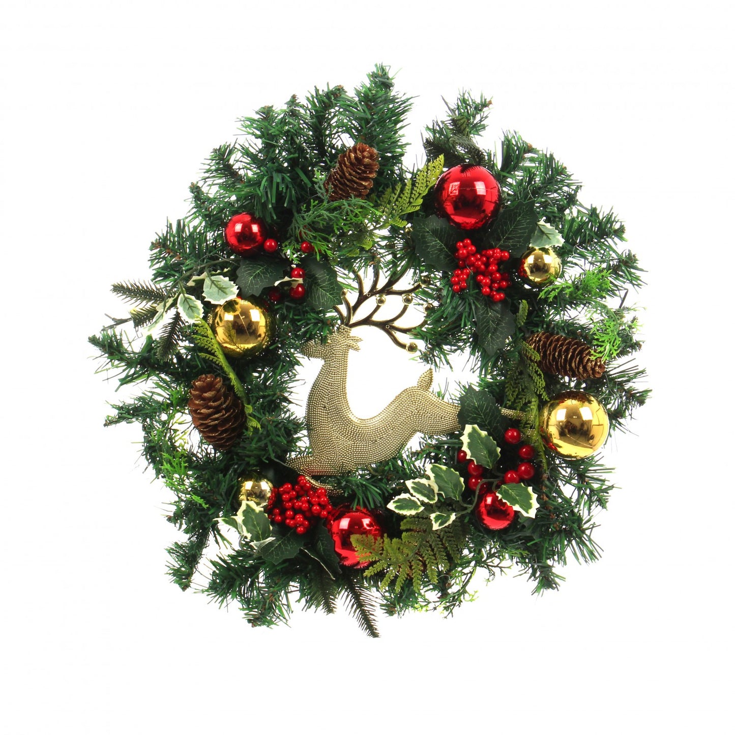 Coronita decorativa IDL Jingle Bells, 40 cm recomandata pentru amenajarea spatiului interior, aducand o nota distincta incaperii in preajma sarbatorilor, Alcatuita din elemente simbolice: globulete si conuri in nunata de verde