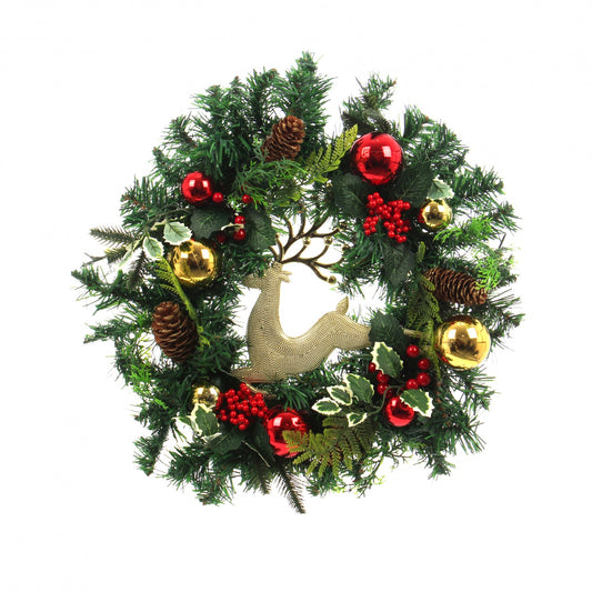 Coronita decorativa IDL Jingle Bells, 40 cm recomandata pentru amenajarea spatiului interior, aducand o nota distincta incaperii in preajma sarbatorilor, Alcatuita din elemente simbolice: globulete si conuri in nunata de verde