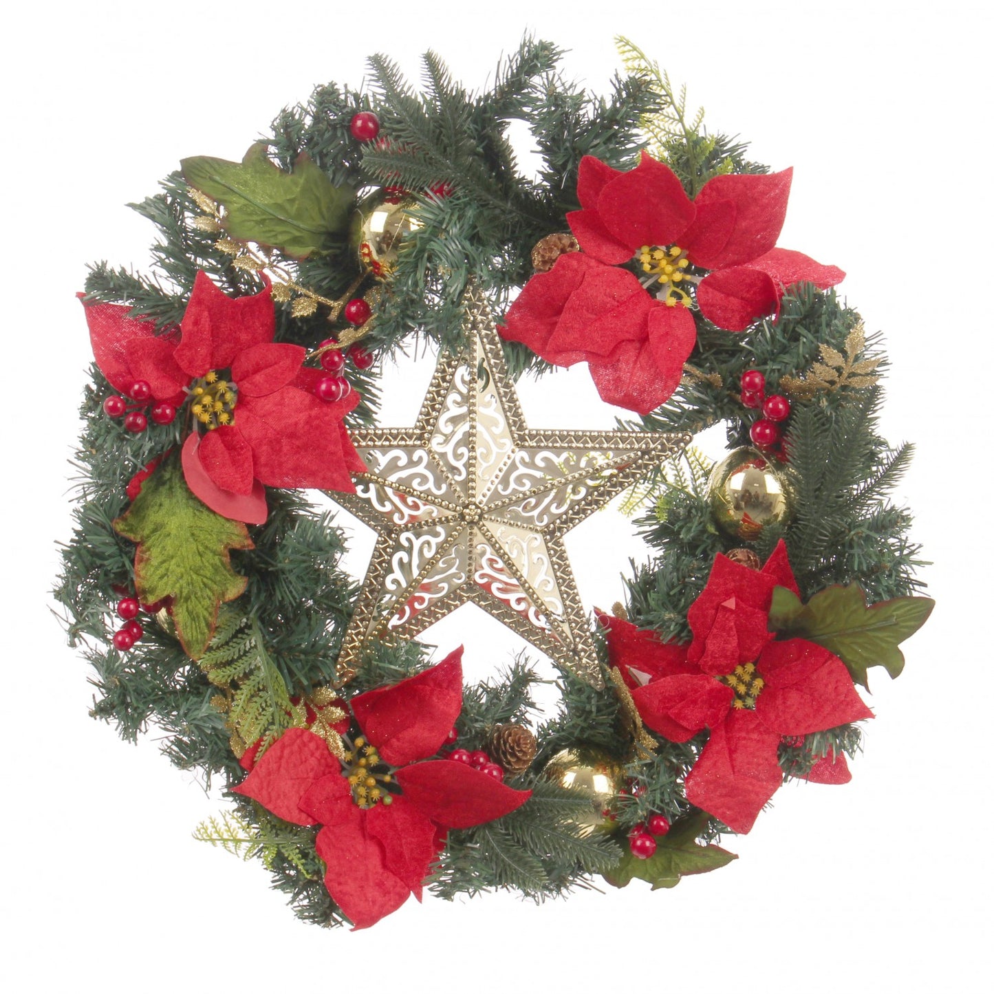 Coronita decorativa IDL Happy Flower, 50 cm recomandata pentru amenajarea spatiului interior, aducand o nota distincta incaperii in preajma sarbatorilor, Alcatuita din elemente simbolice: craciunite si globulete, Culoare rosu-verde