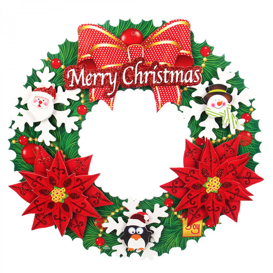 Coronita decorativa IDL, Happy Little Santa 38X38 cm din carton multicolor cu aspect glitter ce creeaza un decor in spiritul sarbatorilor de iarna