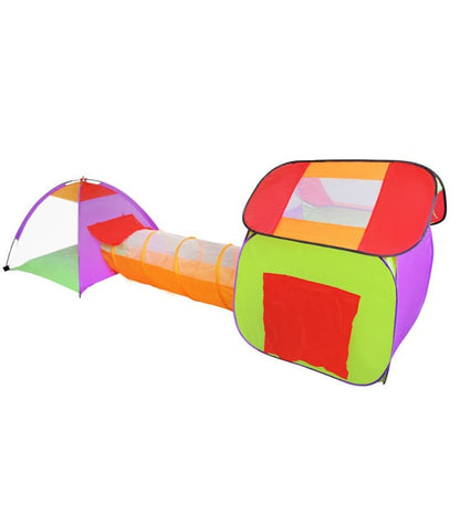 Cort de joaca 2 in 1 idealSTORE, Tunel + Casuta de copii, Dimensiuni 379 x 118 x 105 cm, Include 2 casute, tunel, 200 bile colorate, Proiectat pentru a fi folosit 100% pentru distractie
