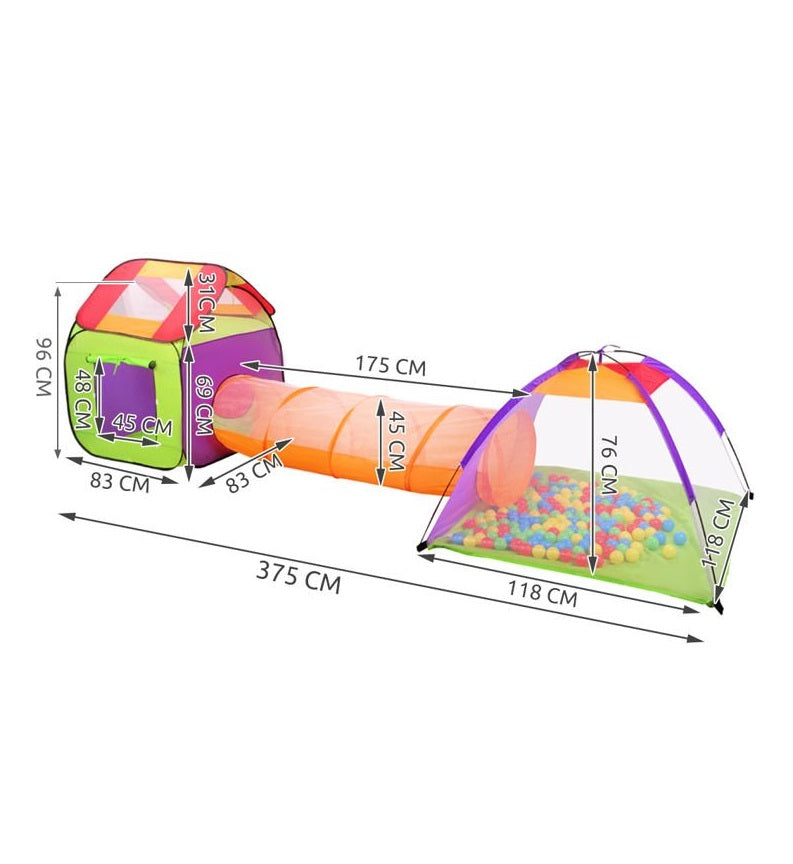 Cort de joaca 2 in 1 idealSTORE, Tunel + Casuta de copii, Dimensiuni 379 x 118 x 105 cm, Include 2 casute, tunel, 200 bile colorate, Proiectat pentru a fi folosit 100% pentru distractie