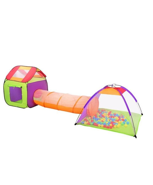 Cort de joaca 2 in 1 idealSTORE, Tunel + Casuta de copii, Dimensiuni 379 x 118 x 105 cm, Include 2 casute, tunel, 200 bile colorate, Proiectat pentru a fi folosit 100% pentru distractie