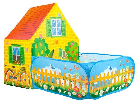 Cort de joaca pentru copii idealSTORE FARM VILLAGE PLAY, Dimensiuni 110 x 90 x 150 cm, Include o casa cu doua intrari si un cort patrat, Decorat in culori colorate, cu o tema ferma, Materialul folosit va permite sa-l utilizati atat in acasa, cat si afara