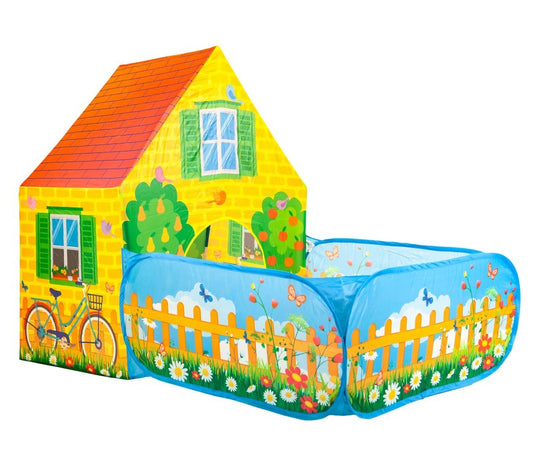 Cort de joaca pentru copii idealSTORE FARM VILLAGE PLAY, Dimensiuni 110 x 90 x 150 cm, Include o casa cu doua intrari si un cort patrat, Decorat in culori colorate, cu o tema ferma, Materialul folosit va permite sa-l utilizati atat in acasa, cat si afara