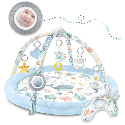 Salteluta interactiva pentru copii ideal STORE Be Happy, 7 jucarii incluse, perna cu suprafata moale, Sprijina dezvoltarea stimulilor vizuali si ofera provocari fizice care vor ajuta la dezvoltarea abilitatilor motorii, albastru