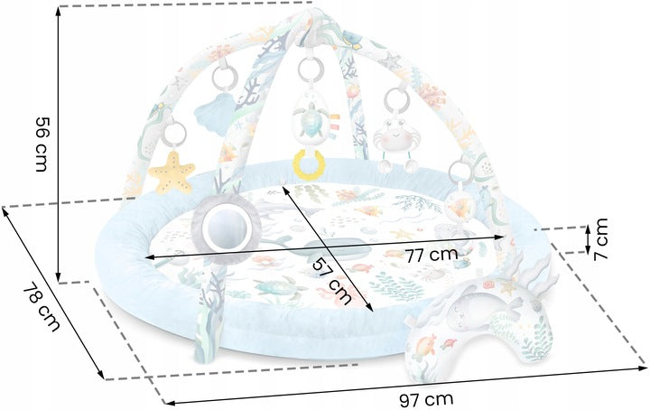 Salteluta interactiva pentru copii ideal STORE Be Happy, 7 jucarii incluse, perna cu suprafata moale, Sprijina dezvoltarea stimulilor vizuali si ofera provocari fizice care vor ajuta la dezvoltarea abilitatilor motorii, albastru