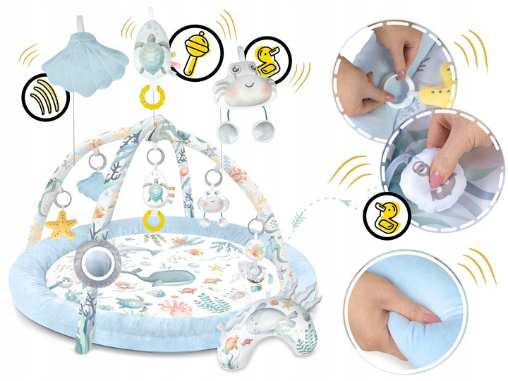 Salteluta interactiva pentru copii ideal STORE Be Happy, 7 jucarii incluse, perna cu suprafata moale, Sprijina dezvoltarea stimulilor vizuali si ofera provocari fizice care vor ajuta la dezvoltarea abilitatilor motorii, albastru