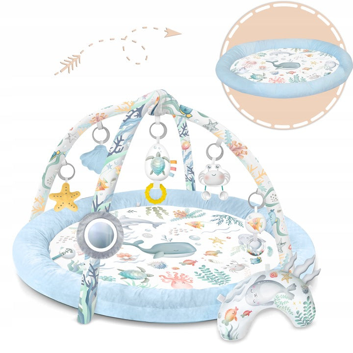 Salteluta interactiva pentru copii ideal STORE Be Happy, 7 jucarii incluse, perna cu suprafata moale, Sprijina dezvoltarea stimulilor vizuali si ofera provocari fizice care vor ajuta la dezvoltarea abilitatilor motorii, albastru