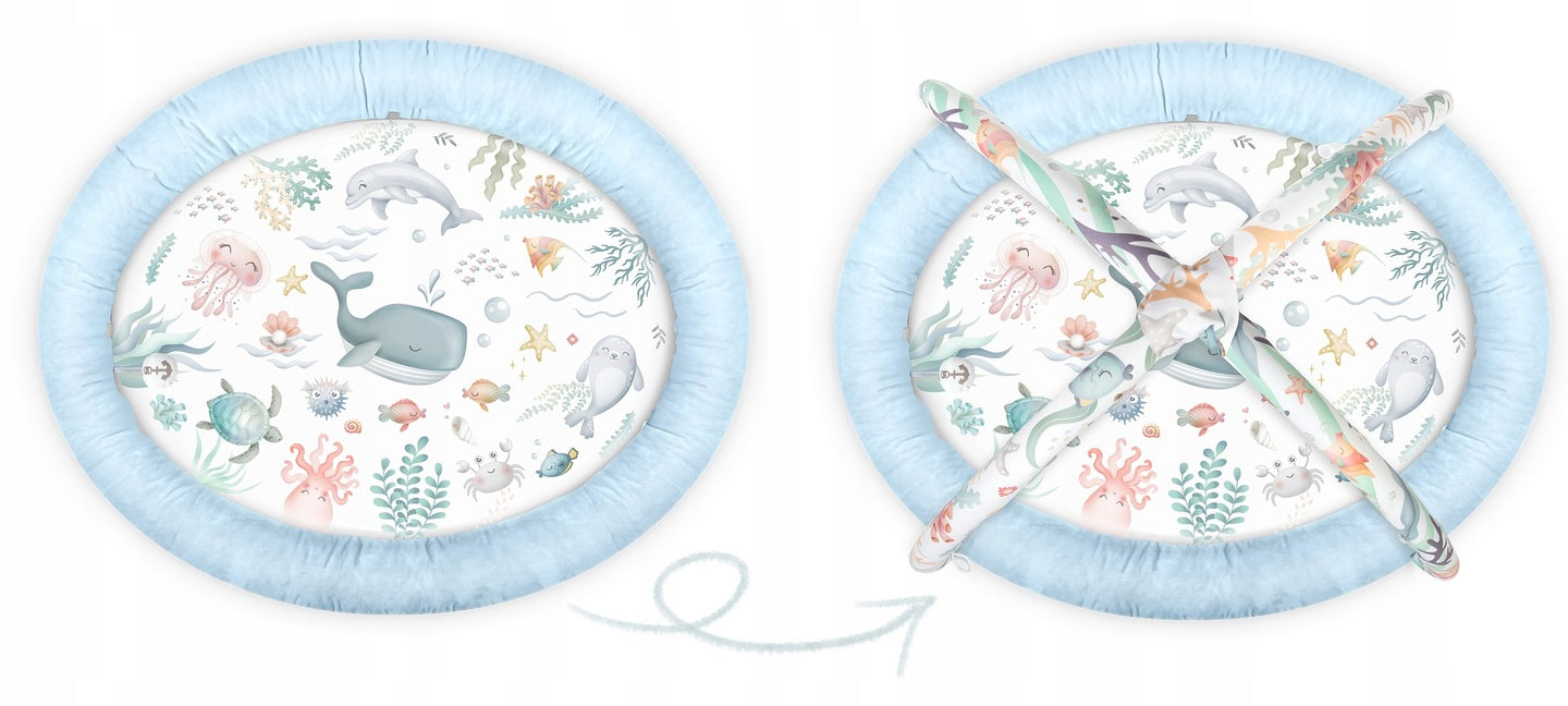 Salteluta interactiva pentru copii ideal STORE Be Happy, 7 jucarii incluse, perna cu suprafata moale, Sprijina dezvoltarea stimulilor vizuali si ofera provocari fizice care vor ajuta la dezvoltarea abilitatilor motorii, albastru