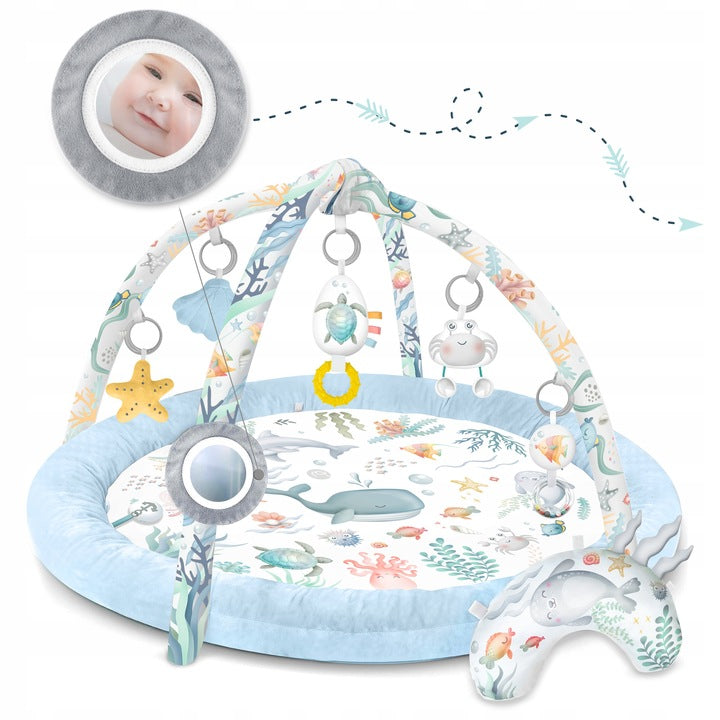 Salteluta interactiva pentru copii ideal STORE Be Happy, 7 jucarii incluse, perna cu suprafata moale, Sprijina dezvoltarea stimulilor vizuali si ofera provocari fizice care vor ajuta la dezvoltarea abilitatilor motorii, albastru
