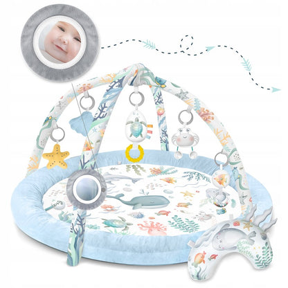 Salteluta interactiva pentru copii ideal STORE Be Happy, 7 jucarii incluse, perna cu suprafata moale, Sprijina dezvoltarea stimulilor vizuali si ofera provocari fizice care vor ajuta la dezvoltarea abilitatilor motorii, albastru