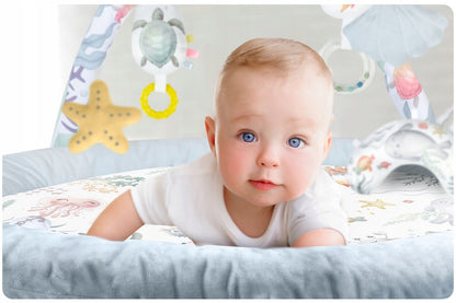 Salteluta interactiva pentru copii ideal STORE Be Happy, 7 jucarii incluse, perna cu suprafata moale, Sprijina dezvoltarea stimulilor vizuali si ofera provocari fizice care vor ajuta la dezvoltarea abilitatilor motorii, albastru