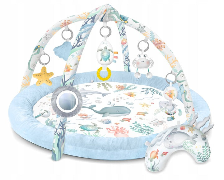 Salteluta interactiva pentru copii ideal STORE Be Happy, 7 jucarii incluse, perna cu suprafata moale, Sprijina dezvoltarea stimulilor vizuali si ofera provocari fizice care vor ajuta la dezvoltarea abilitatilor motorii, albastru