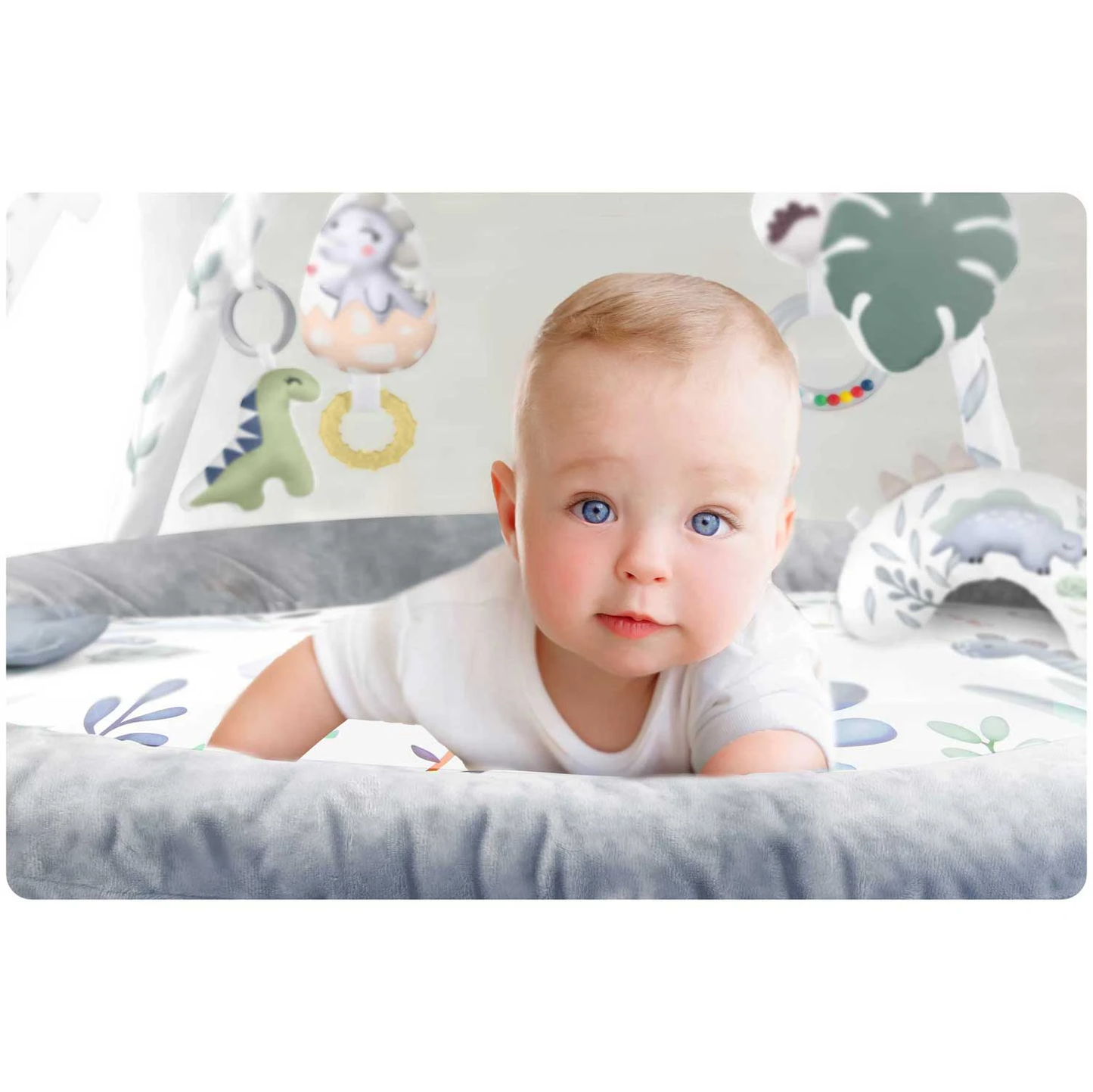 Salteluta interactiva pentru copii ideal STORE Be Happy, 7 jucarii incluse, perna cu suprafata moale, Sprijina dezvoltarea stimulilor vizuali si ofera provocari fizice care vor ajuta la dezvoltarea abilitatilor motorii, gri