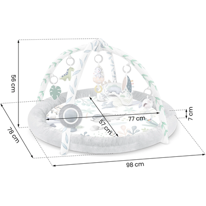 Salteluta interactiva pentru copii ideal STORE Be Happy, 7 jucarii incluse, perna cu suprafata moale, Sprijina dezvoltarea stimulilor vizuali si ofera provocari fizice care vor ajuta la dezvoltarea abilitatilor motorii, gri