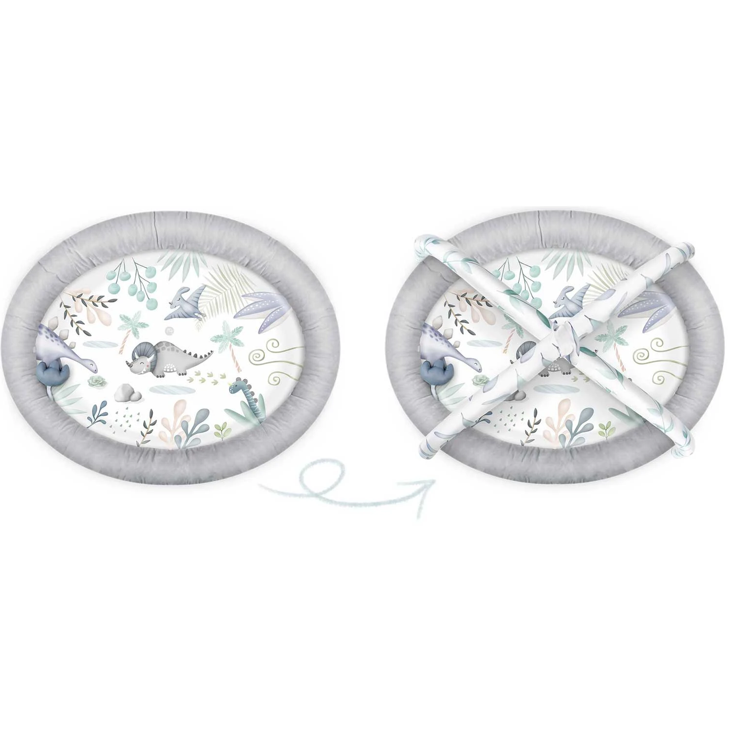 Salteluta interactiva pentru copii ideal STORE Be Happy, 7 jucarii incluse, perna cu suprafata moale, Sprijina dezvoltarea stimulilor vizuali si ofera provocari fizice care vor ajuta la dezvoltarea abilitatilor motorii, gri