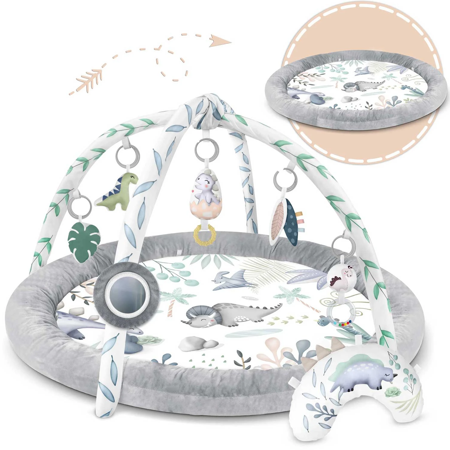 Salteluta interactiva pentru copii ideal STORE Be Happy, 7 jucarii incluse, perna cu suprafata moale, Sprijina dezvoltarea stimulilor vizuali si ofera provocari fizice care vor ajuta la dezvoltarea abilitatilor motorii, gri