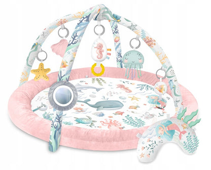 Salteluta interactiva pentru copii ideal STORE Be Happy, 7 jucarii incluse, perna cu suprafata moale, Sprijina dezvoltarea stimulilor vizuali si ofera provocari fizice care vor ajuta la dezvoltarea abilitatilor motorii, roz