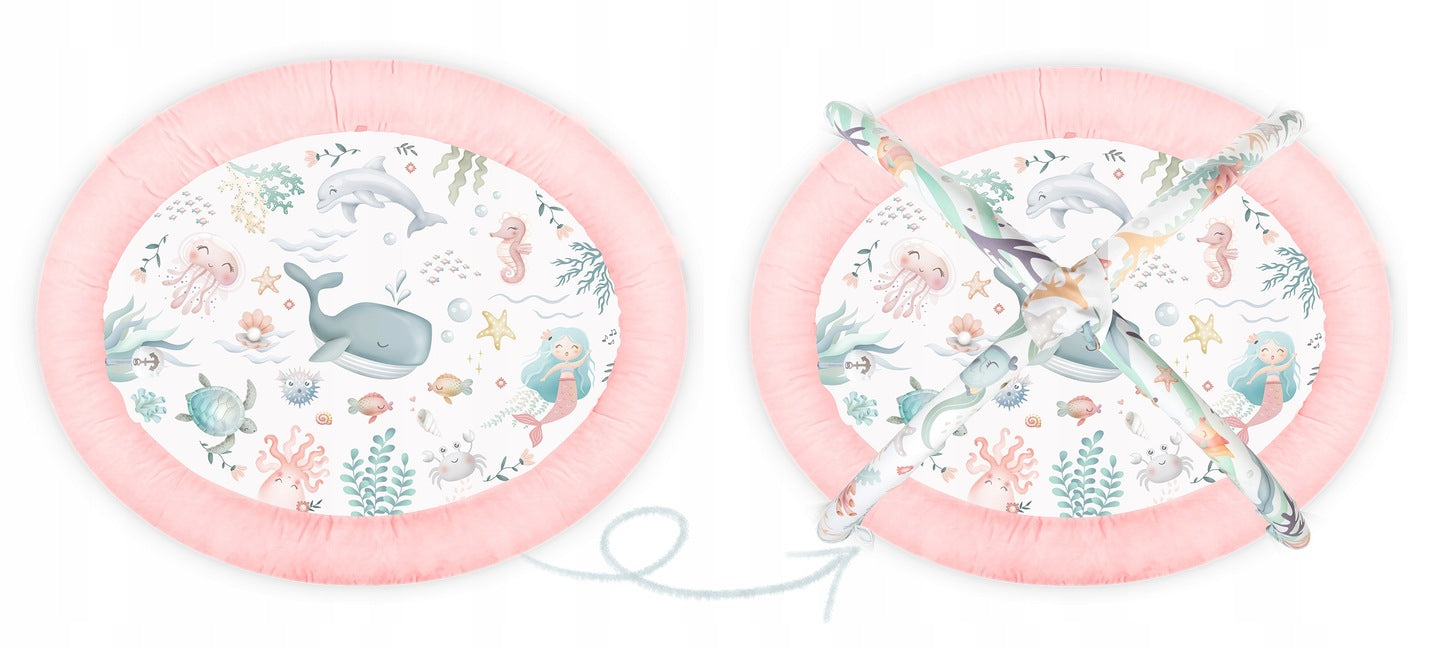 Salteluta interactiva pentru copii ideal STORE Be Happy, 7 jucarii incluse, perna cu suprafata moale, Sprijina dezvoltarea stimulilor vizuali si ofera provocari fizice care vor ajuta la dezvoltarea abilitatilor motorii, roz