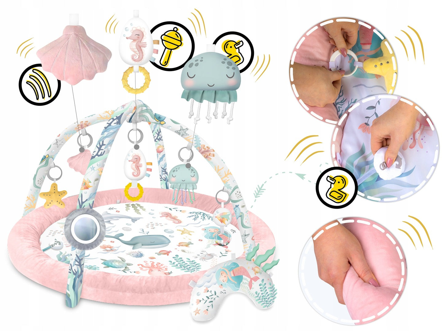 Salteluta interactiva pentru copii ideal STORE Be Happy, 7 jucarii incluse, perna cu suprafata moale, Sprijina dezvoltarea stimulilor vizuali si ofera provocari fizice care vor ajuta la dezvoltarea abilitatilor motorii, roz