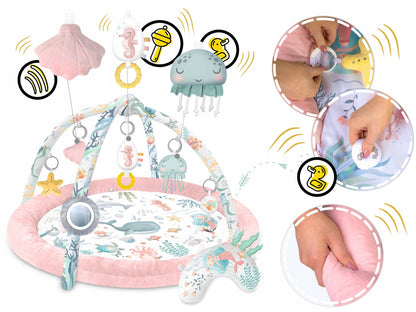Salteluta interactiva pentru copii ideal STORE Be Happy, 7 jucarii incluse, perna cu suprafata moale, Sprijina dezvoltarea stimulilor vizuali si ofera provocari fizice care vor ajuta la dezvoltarea abilitatilor motorii, roz