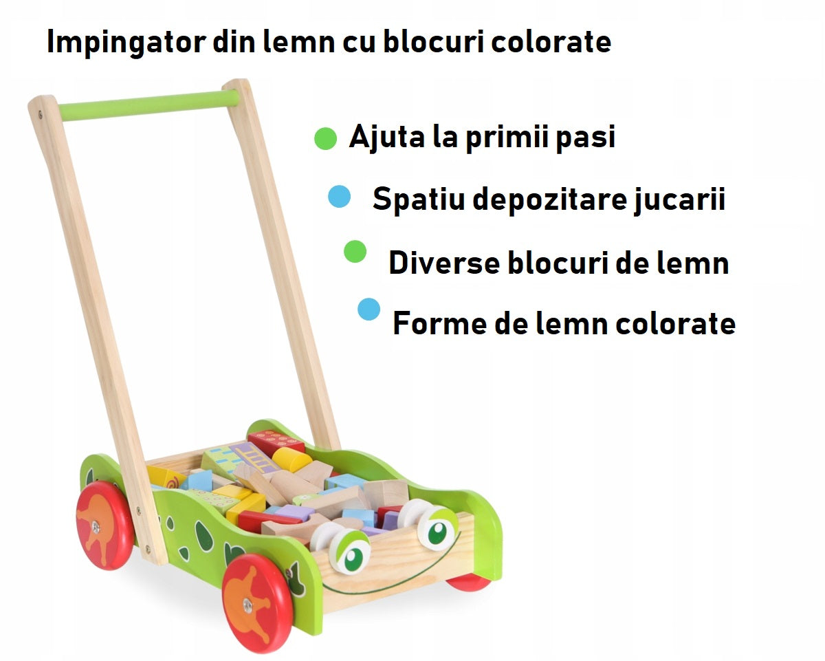 Impingator din LEMN cu Cuburi 2-in-1 IDL, Crazy Frog, Accesorizat cu 20 de Blocuri de Diferite FORME si CULORI care permit Crearea a numeroase constructii unice, Ajuta la mentinerea EHILIBRULUI primilor pasi
