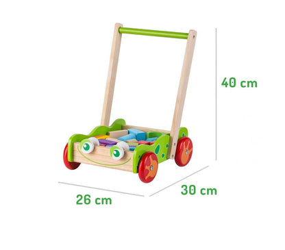 Impingator din LEMN cu Cuburi 2-in-1 IDL, Crazy Frog, Accesorizat cu 20 de Blocuri de Diferite FORME si CULORI care permit Crearea a numeroase constructii unice, Ajuta la mentinerea EHILIBRULUI primilor pasi