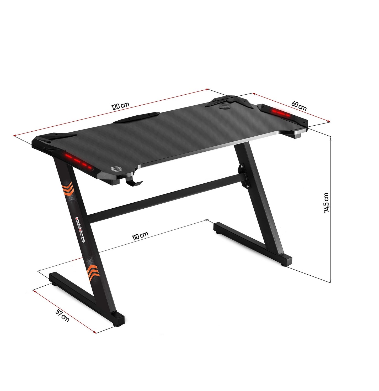 Birou gaming Smart Collection idealSTORE Dimensiuni 120 x 60 x 70 cm, Cadru metalic stabil, Iluminare LED, Accesorizat cu suport pentru casti, Picioare reglabile, Echipat cu sistem de gestionare a cablurilor, Culoare Negru
