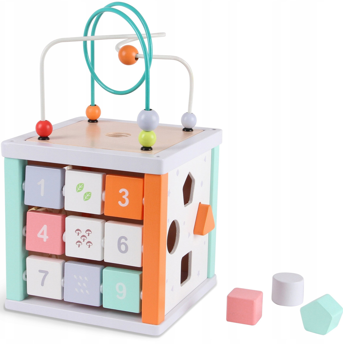 Centru Educational IdealSTORE, Model Cub 5 in 1 din LEMN, Dimensiuni 20 x 20 cm, Echipat cu pereti ce au functionalitate diferita, Elemente mobile care dezvolta abilitatile manuale ale copilului