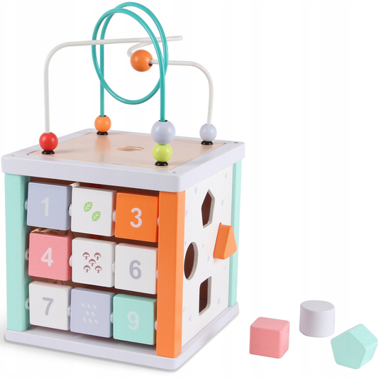 Centru Educational IdealSTORE, Model Cub 5 in 1 din LEMN, Dimensiuni 20 x 20 cm, Echipat cu pereti ce au functionalitate diferita, Elemente mobile care dezvolta abilitatile manuale ale copilului