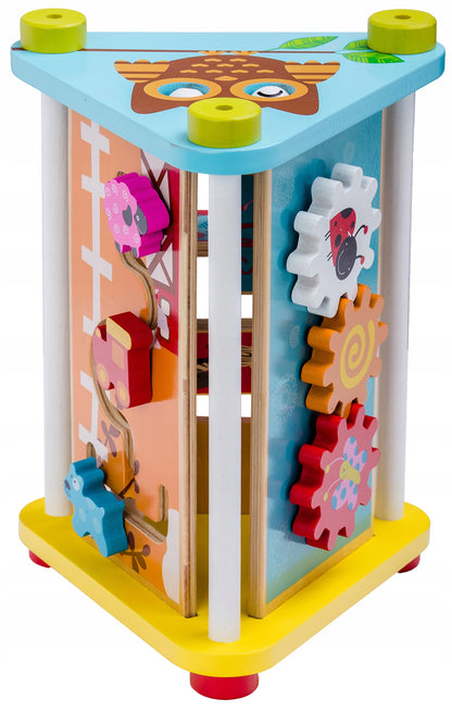 Jucarie Educativa din Lemn idealSTORE, Bufnita Vesela, Dimensiuni 20 x 29 x 22 cm, Echipata cu 4 pereti cu functionalitate diferita, Numeroase elemente mobile si butoane care dezvolta abilitatile manuale ale copilului