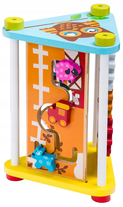 Jucarie Educativa din Lemn idealSTORE, Bufnita Vesela, Dimensiuni 20 x 29 x 22 cm, Echipata cu 4 pereti cu functionalitate diferita, Numeroase elemente mobile si butoane care dezvolta abilitatile manuale ale copilului