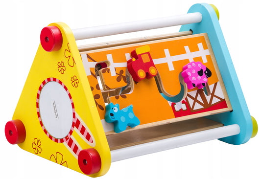 Jucarie Educativa din Lemn idealSTORE, Bufnita Vesela, Dimensiuni 20 x 29 x 22 cm, Echipata cu 4 pereti cu functionalitate diferita, Numeroase elemente mobile si butoane care dezvolta abilitatile manuale ale copilului