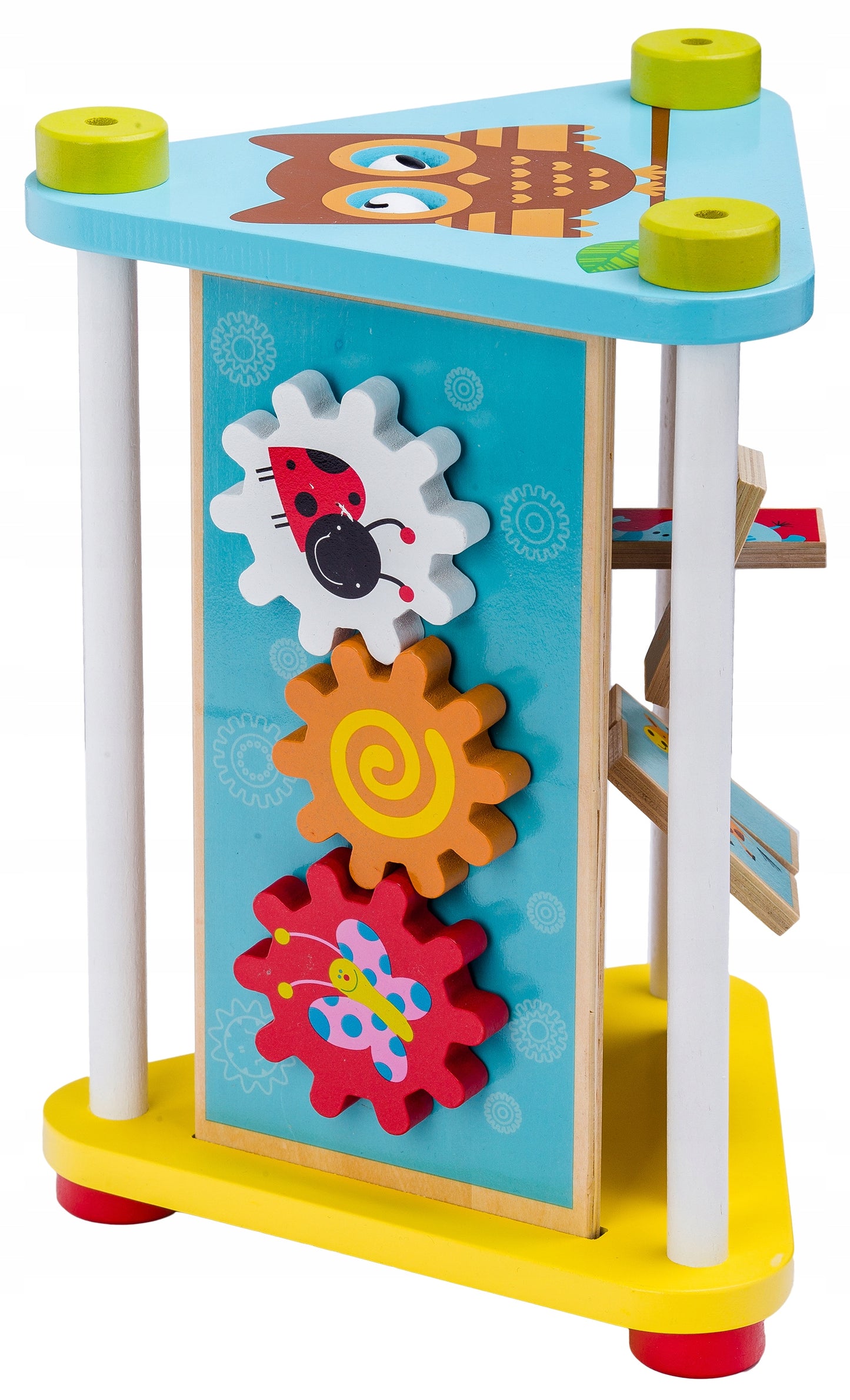 Jucarie Educativa din Lemn idealSTORE, Bufnita Vesela, Dimensiuni 20 x 29 x 22 cm, Echipata cu 4 pereti cu functionalitate diferita, Numeroase elemente mobile si butoane care dezvolta abilitatile manuale ale copilului