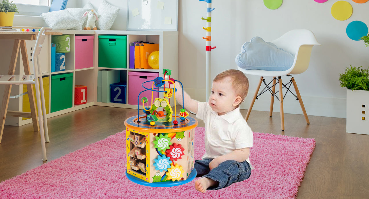 Cub Educativ din Lemn 8 in 1 idealSTORE, Dimensiuni 37 x 25 x 25 cm, Include 6 pereti cu functii si activitati diverse, un joc chinezesc si un intercalar colorat, Sporeste creativitatea, Dezvolta abilitati motorii